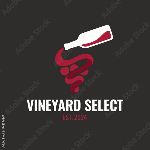 A modern and sleek logo design featuring a wine bottle pouring red wine, symbolizing elegance and the charm of vineyard selections in wine culture.