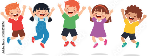 Cartoon set of diverse multicultural happy children jumping for joy and celebrating together for friendship and early childhood education concept