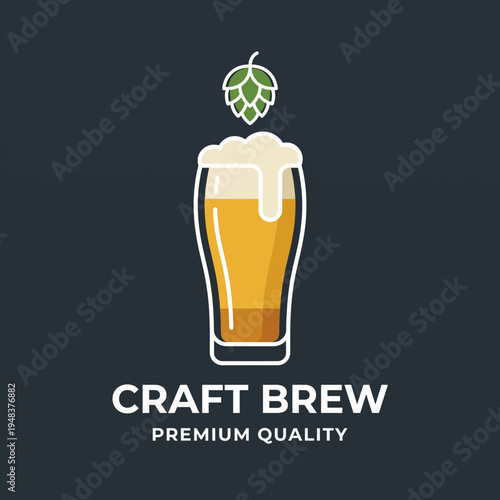 This image showcases a sleek craft beer logo featuring a tall glass of beer topped with foam and a hop cone, perfect for breweries or beverage branding projects.
