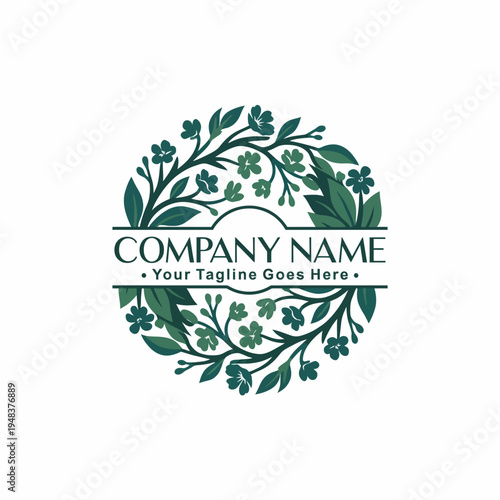 A beautiful circular logo design adorned with lush green foliage and flowers, ideal for businesses focused on nature, wellness, or organic products.