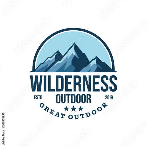 This logo emblem features majestic mountains under a blue sky, conveying the spirit of outdoor adventures, perfect for outdoor gear brands or adventure tourism.