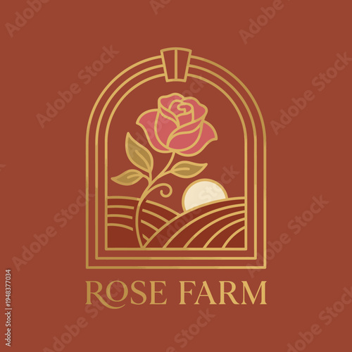 An exquisite logo design featuring a rose inside an arch, symbolizing growth and beauty, perfect for a rose farm and nature-related businesses.