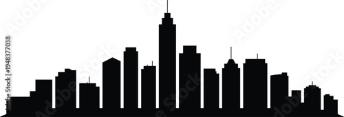Urban city skyline vector featuring black silhouette of downtown skyscrapers and office buildings for metropolitan architectural and travel designs. (20 words)