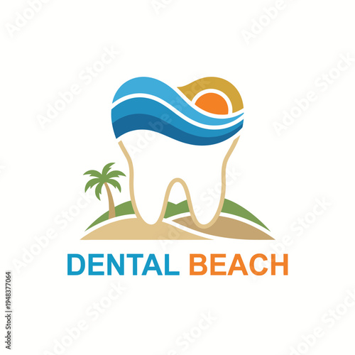 This logo creatively combines dental care imagery with a beach theme, utilizing a tooth shape to represent health and wellness set against a vibrant coastal background.
