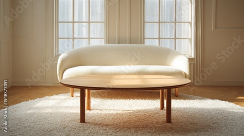 Minimalist interior space features soft, curved seating and a wooden table bathed in natural light