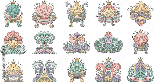 Vector set of mermaid shell thrones and ornate oceanic crowns with pastel colors and baroque swirls for fantasy underwater royalty and marine kingdom concepts.