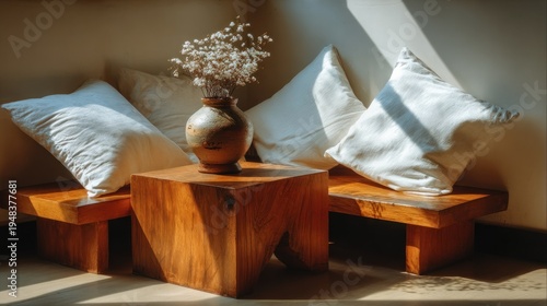 Warm interior corner features wooden furniture accented by soft white cushions and a decorative vase with dried flowers.