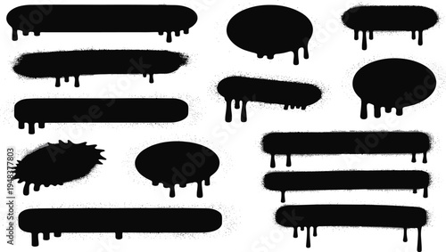 Black ink drips in rectangular, oval, and irregular shapes for creative and artistic designsBlack ink drips in rectangular, oval, and irregular shapes for creative and artistic designs