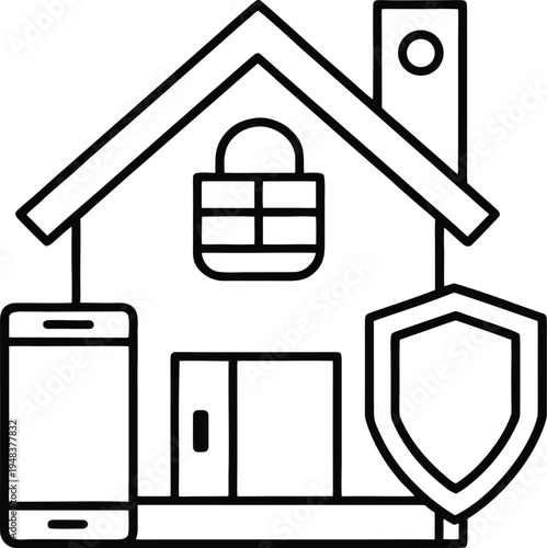 A black and white line art icon representing smart home security and mobile device protection system