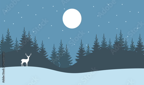 Winter night landscape vector illustration with white deer silhouette in pine forest under full moon and starry sky for christmas or holiday background design