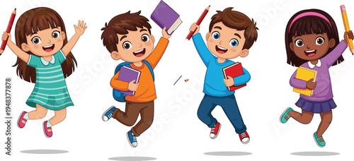 Cartoon set of happy diverse school children jumping for joy holding books and pencils for back to school education concept