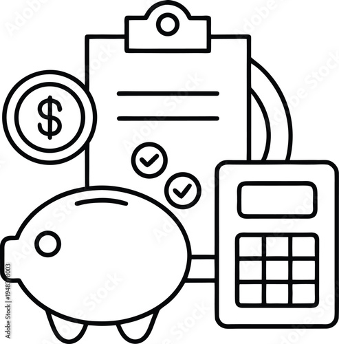 A black and white line art icon representing financial planning with a clipboard and calculator
