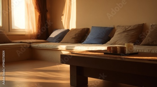 Warm natural sunlight streams across a comfortable seating area with decorative cushions and candles.