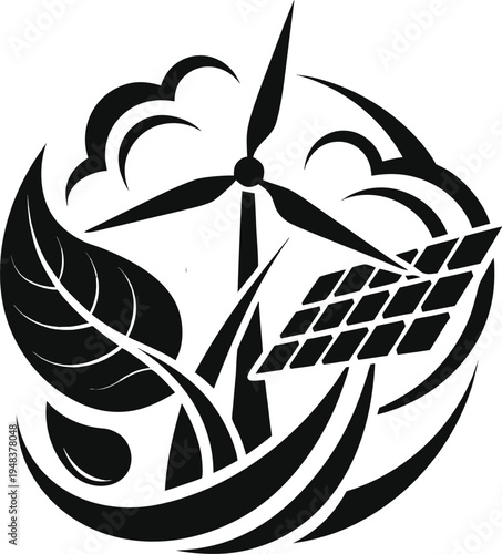 A circular monochrome graphic symbol representing sustainable energy sources and environmental care