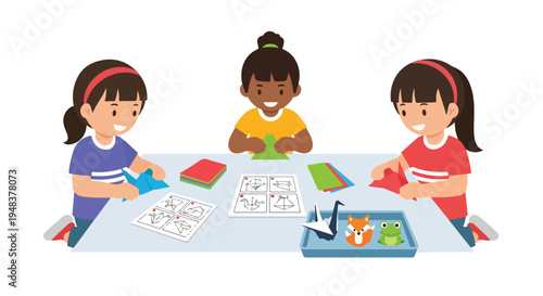 Three diverse children happily engage in an origami craft activity at a table, using colorful paper and instructional diagrams to fold various animal shapes.