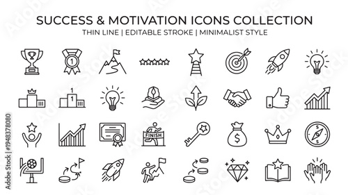 Success and Motivation Icons Collection: Set of 32 Thin Line Vector Icons with Editable Stroke in Minimalist Style for Business Growth and Achievement