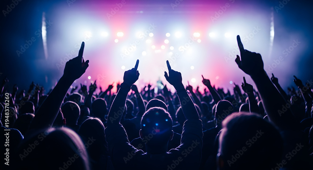 Fototapeta premium Crowd of people raising hands at a vibrant music concert with bright stage lights.