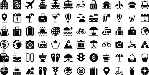 Travel and tourism destination icon set for vacation planning summer holidays and international transport