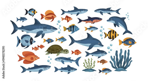 Colorful illustration of various fish species.