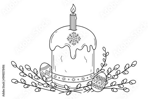 Contour drawing of Easter cake with candle, eggs and willow branches. Easter bread, traditional sweet pastry of cylindrical shape. Drawing is made in black. Vector illustration