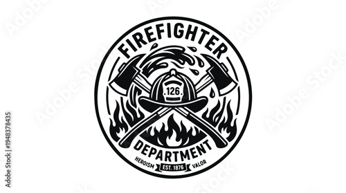 Firefighter Department Emblem with Axes and Helmet.