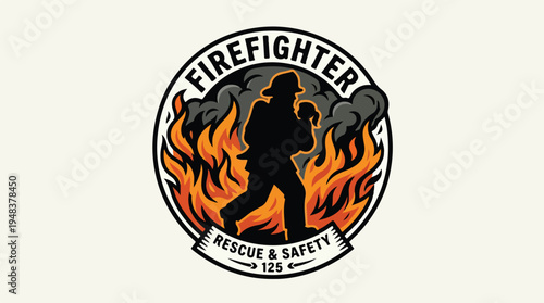 Firefighter Rescue and Safety Emblem with Flames and Silhouette.