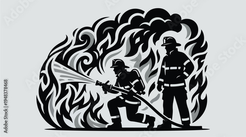 Firefighters battling a blaze with a hose black and white illustration.