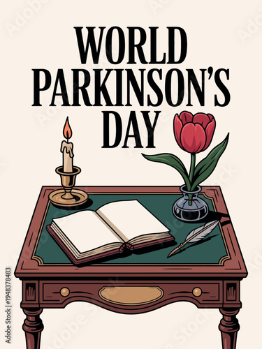 World Parkinson’s Day Awareness Illustration with Candle Book Rose and Ink on Desk Medical Support Vector