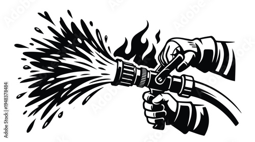 Firefighters hands holding a hose extinguishing flames with a powerful stream of water in a black and white illustration style.