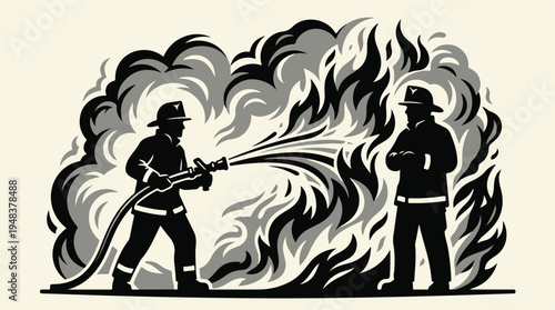 Firefighters battling a blazing inferno with water hoses and protective gear.