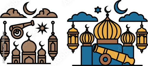 Traditional ramadan kareem celebration background with mosque cannon lanterns and crescent moon illustration