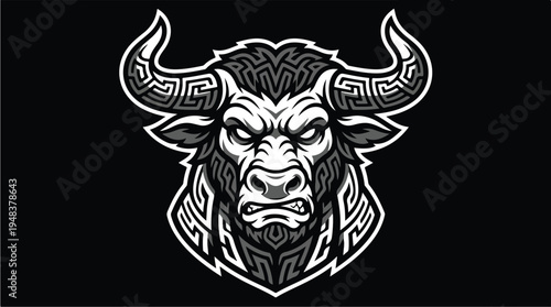Intense Bull Head with Ornate Horns and Fur Pattern.