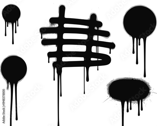 Black paint drips and abstract splash shapes including circles and cross pattern for creative design projectsBlack paint drips and abstract splash shapes including circles and cross pattern for creati
