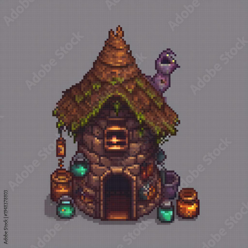 A pixel art image depicts a rustic, wooden house with a green roof, a chimney, and a large window. The house is surrounded by various jars and bottles, possibly indicating a storage area.