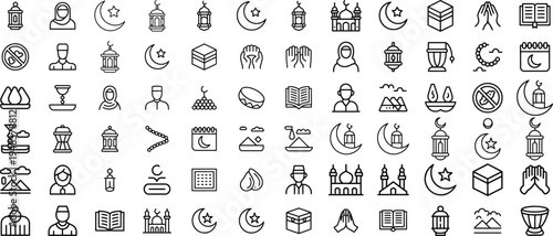 Ramadan kareem and islamic religion outline icon set for eid mubarak celebration and cultural design