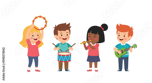 Four diverse children joyfully play various musical instruments including a tambourine, drum, flute, and guitar on a white background.