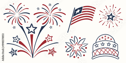 patriotic fireworks and american flag icons Vector