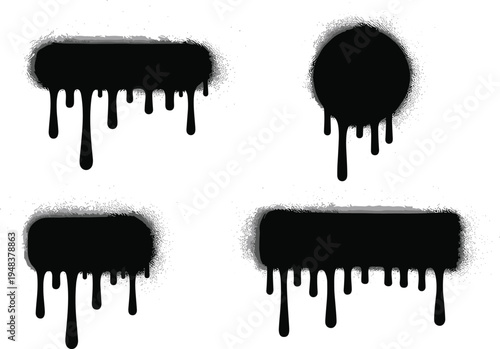 Black paint drips and splashes in various geometric shapes like circles and rectangles for graphic design projectsBlack paint drips and splashes in various geometric shapes like circles and rectangles