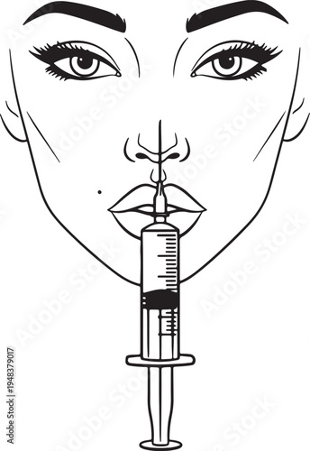 Black and white line of a face with syringe injecting lips also transparent background line black and white