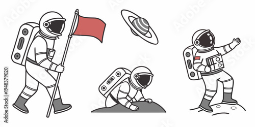 astronauts on a planetary surface with a flying saucer Vector