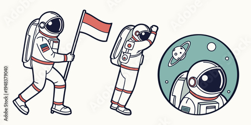 astronauts in spacesuits with a flag and in space Vector