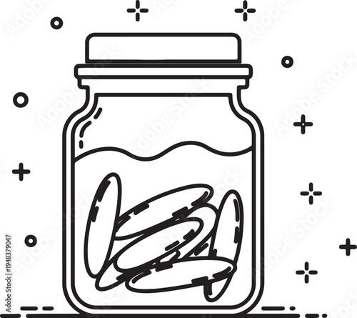 Black and white line of a glass jar filled with oval shaped and a wavy liquid surface surrounded by small circles and crosses also transparent background
