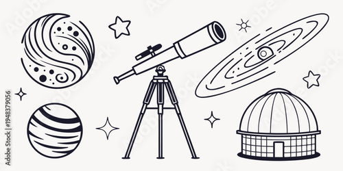 a telescope and planets with a dome observatory Vector