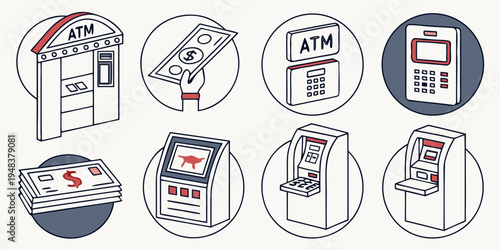 atm machine parts diagram with red labels Vector