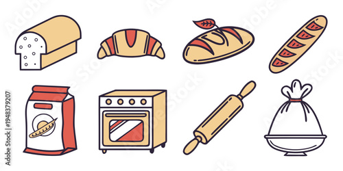 a collection of baking icons including bread and a mixer Vector