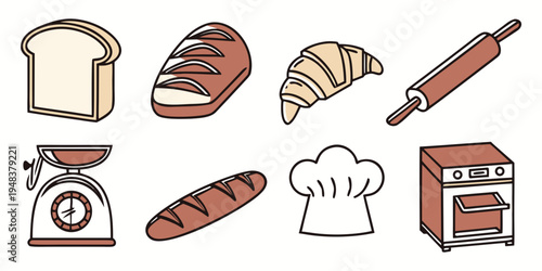 various baking icons including bread and tools Vector