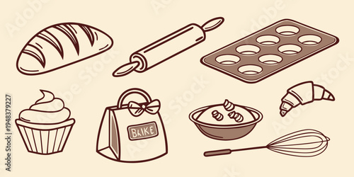 a collection of baking icons including pastries and tools Vector