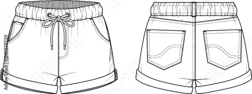 Women casual shorts technical fashion sketch with front and back view relaxed apparel design template vector illustration