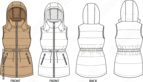 Women hooded padded vest technical fashion sketch with front and back view sleeveless winter outerwear apparel design template vector illustration