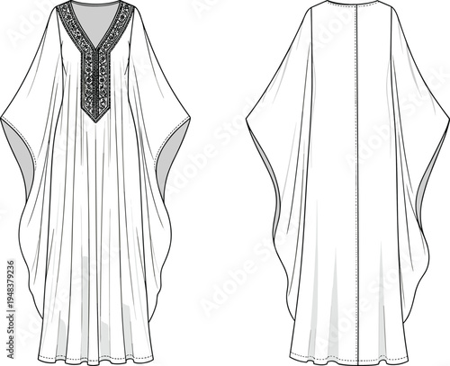 Women kaftan maxi dress technical fashion sketch with embroidered neckline front and back view elegant apparel design template vector illustration